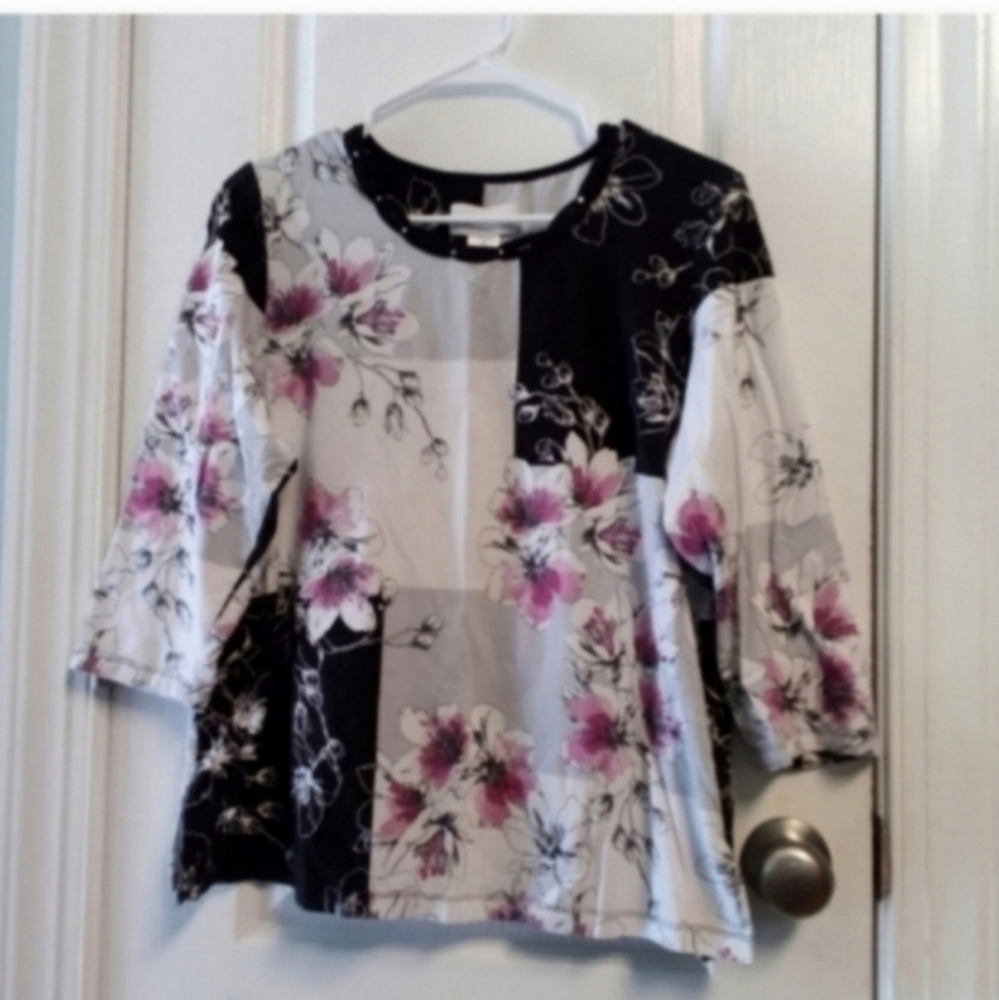 Alfred Dunner Floral Patchwork Top With 3/4 Sleeve Women's M EUC